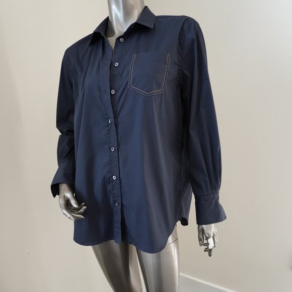 Brunello Cucinelli Navy Blouse Silver Monili Trim Button Down Shirt Size Large